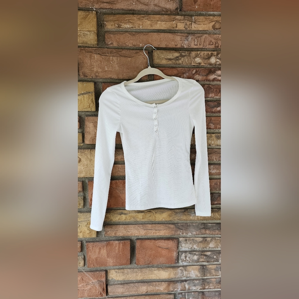 Shein white half button long sleeve ribbed top, size S